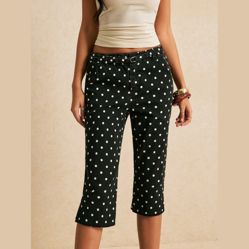 Black Polka Dot Denim Capri Jeans with Belt